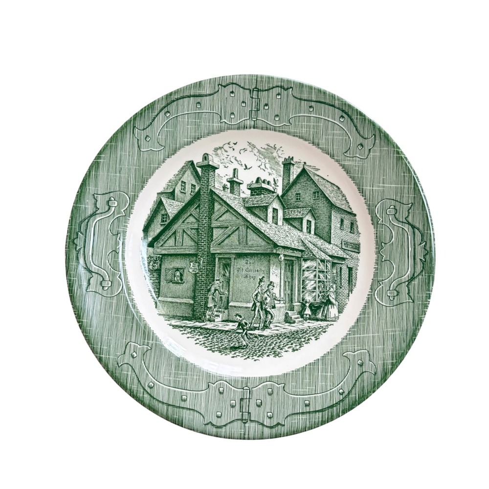 Royal China The Old Curiosity Shop Green Transferware Dinner Plate 10 Inch USA